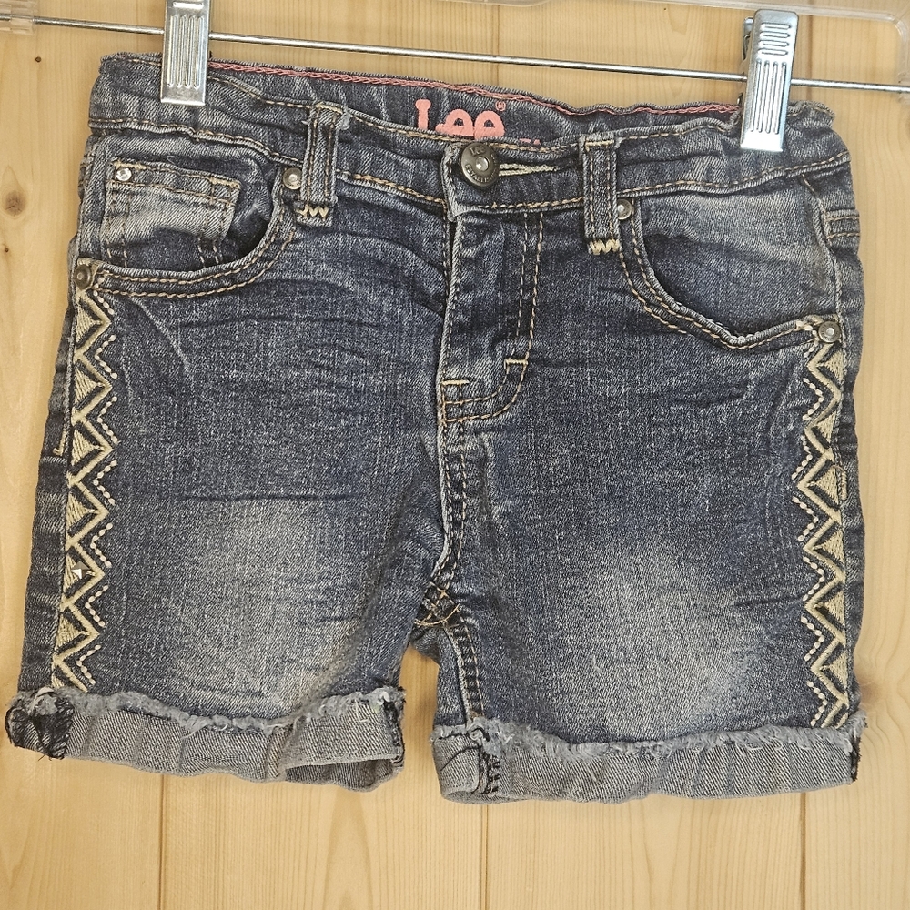 Lee Dark Denim Shorts with Adjustable Waist & Zigzag Detail